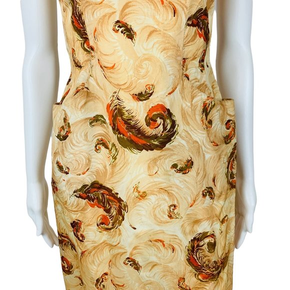 Vintage 1950s Novelty Print Dress Brown Feathers V Neck Wiggle Pin Up | W 25" - Picture 6 of 14